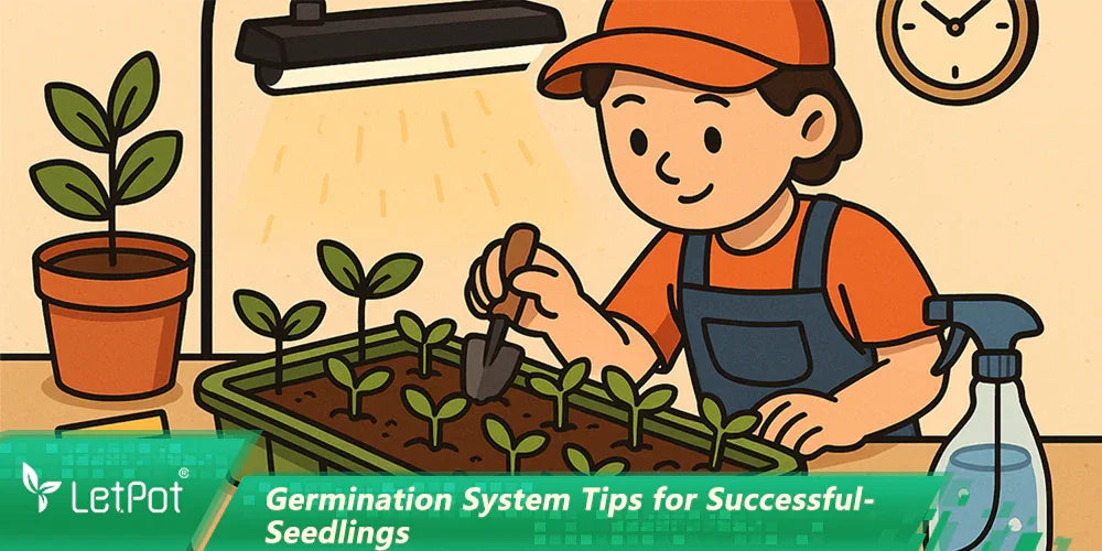 Cartoon person caring for seedlings under grow light, indoor germination system setup