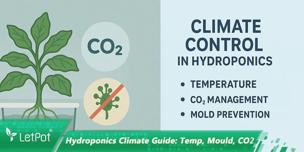 Hydroponics climate control guide with plant, CO2 symbol, and mold prevention icons.