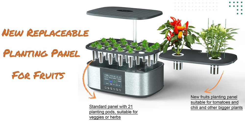 Hydroponic indoor garden system with standard and fruit planting panels for vegetables and larger plants.