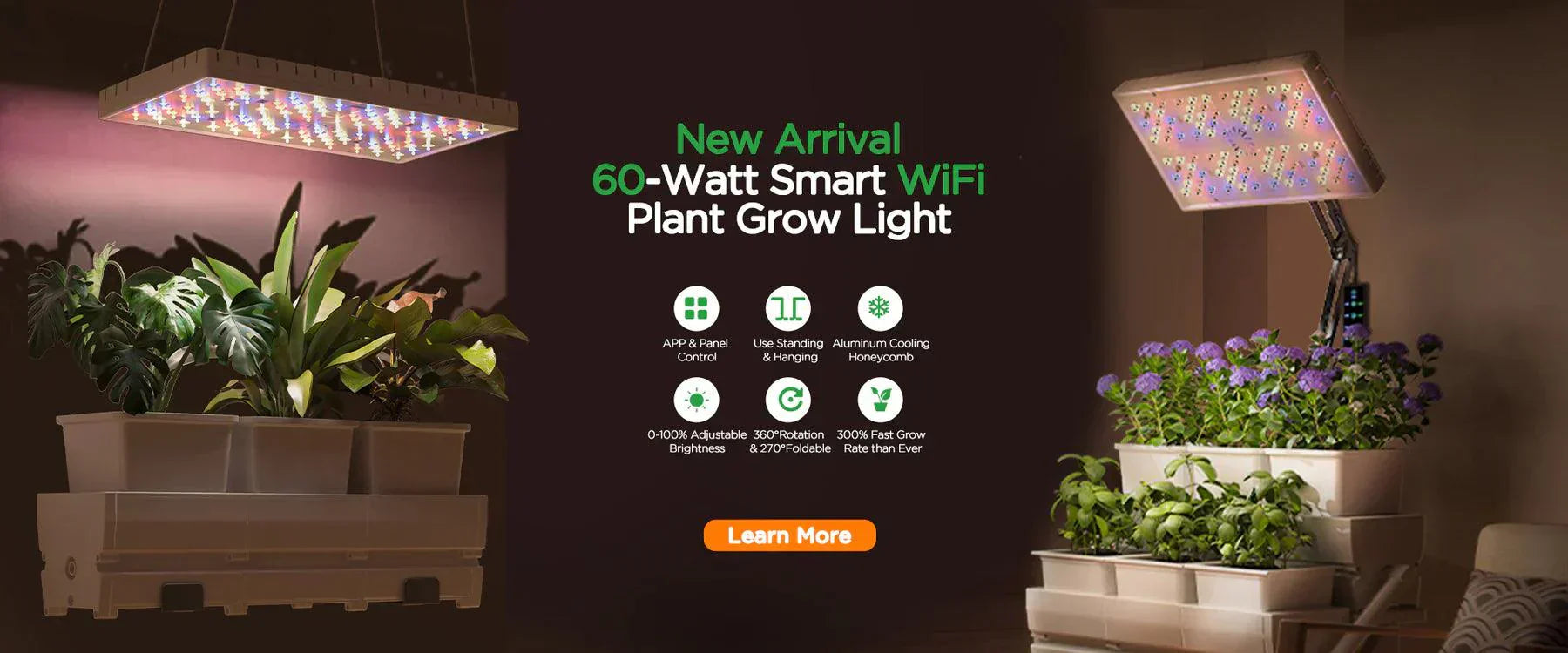Smart LED grow light illuminating indoor plants in modern hydroponic containers