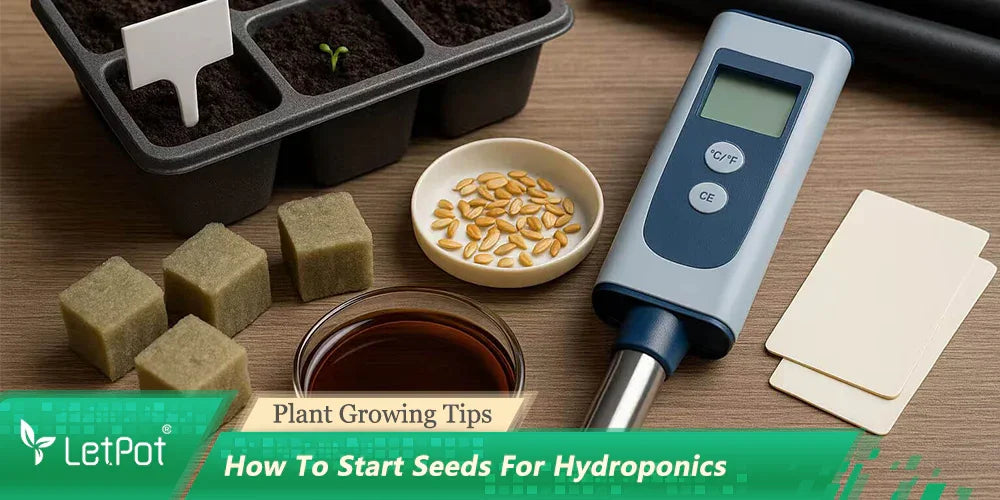 Hydroponic seed starting kit with rockwool cubes, seeds, nutrient solution, and digital meter on table