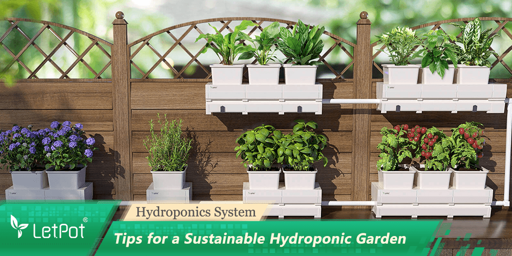 Outdoor vertical hydroponic garden system with various plants in white containers on wooden fence