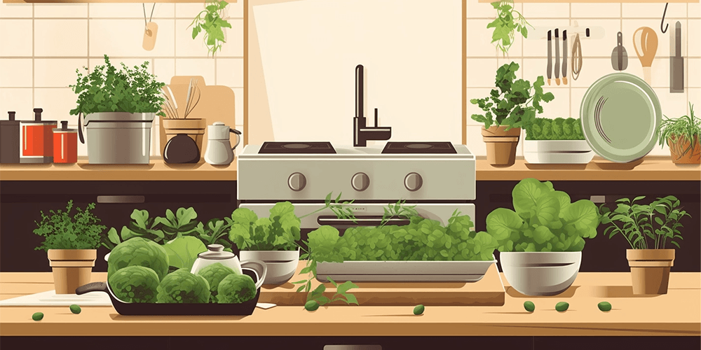 Modern kitchen with indoor hydroponic herbs and leafy greens in pots and planters