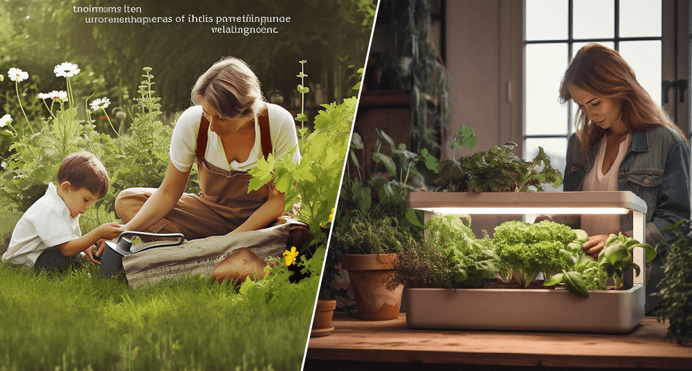 Comparison of outdoor gardening with a child and indoor hydroponic gardening system with leafy greens.