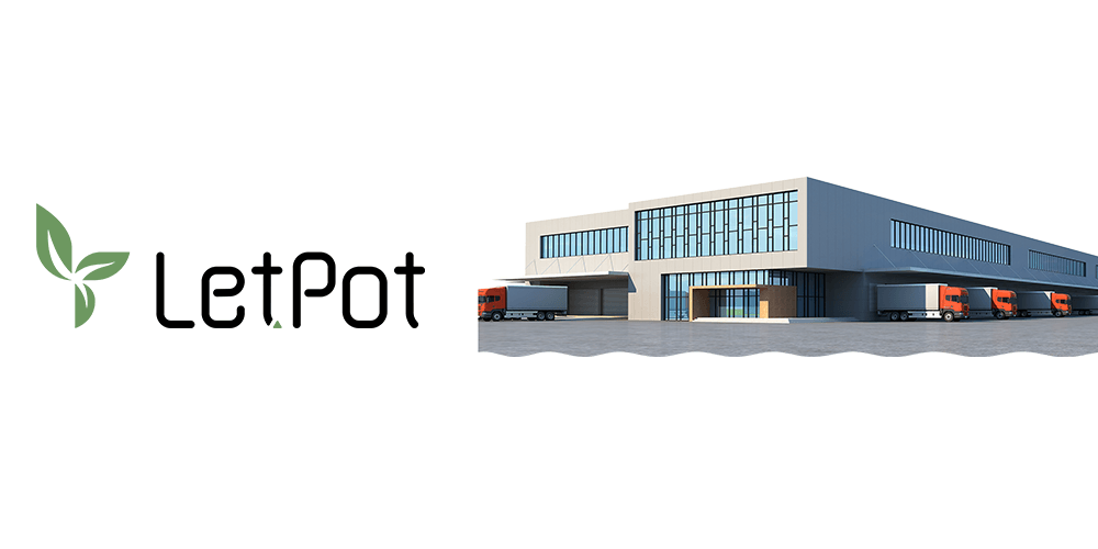 Modern warehouse exterior with delivery trucks, hydroponic system distribution setting