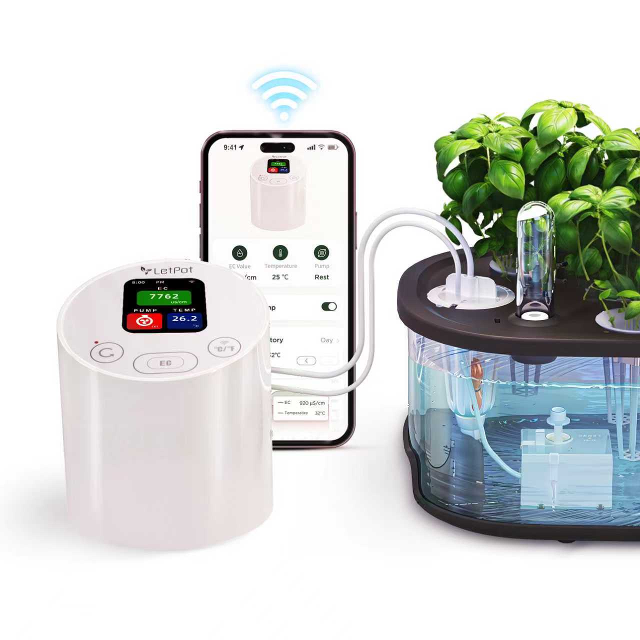 Smart EC meter with digital display and app, connected to indoor hydroponic garden setup