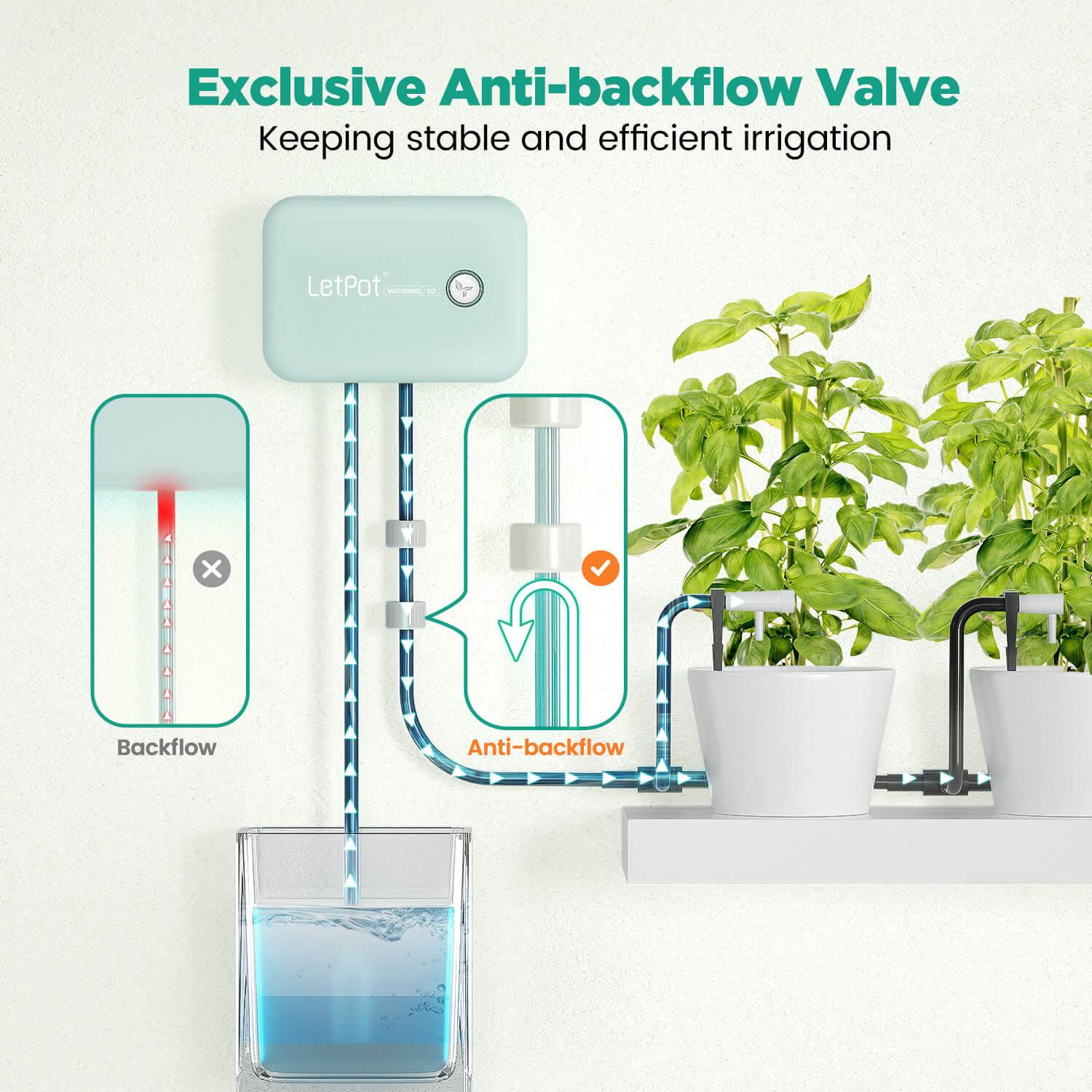 automatic plant watering with anti-backflow valve