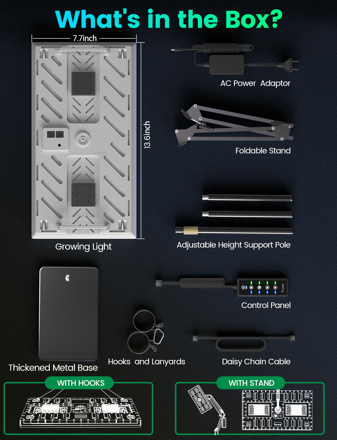 Indoor smart grow light kit with AC adaptor, foldable stand, control panel, support pole, metal base, hooks, lanyards, and daisy chain cable displayed on dark surface.