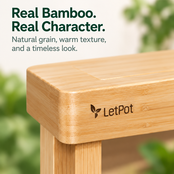 Rounded natural bamboo corner with the LetPot logo